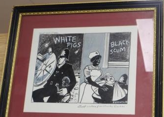 Stanley Franklin, mixed media, Cartoon for The Sun Newspaper, September 1st 1976, 'White Pigs / Black Scum', inscribed by the artist, 26 x 31cm
